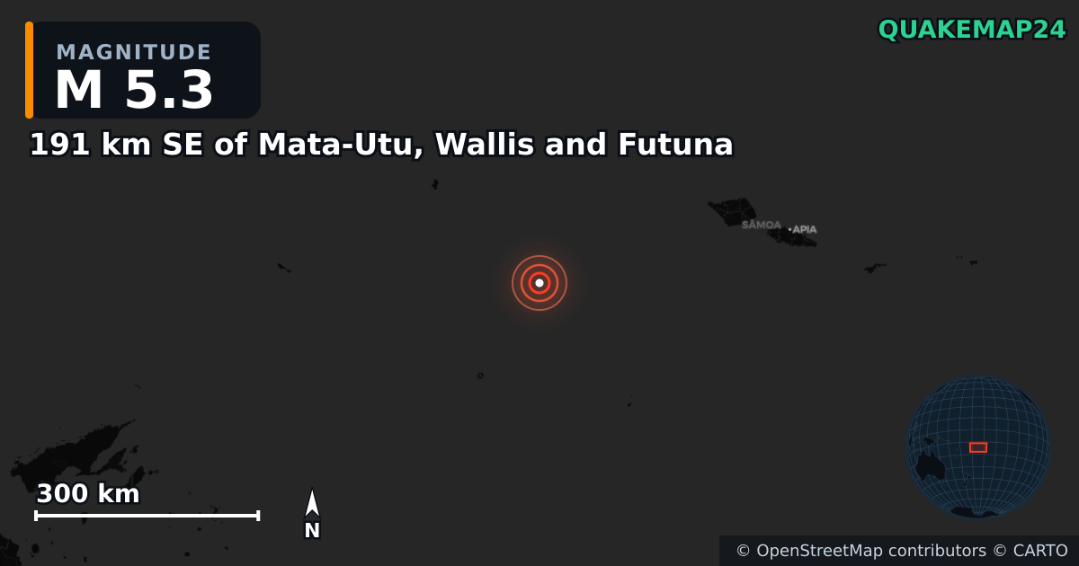 Erdbeben M5,3 bei 191 km SE of Mata-Utu, Wallis and Futuna · 2026-09-17 — Karte der Lage des Epizentrums