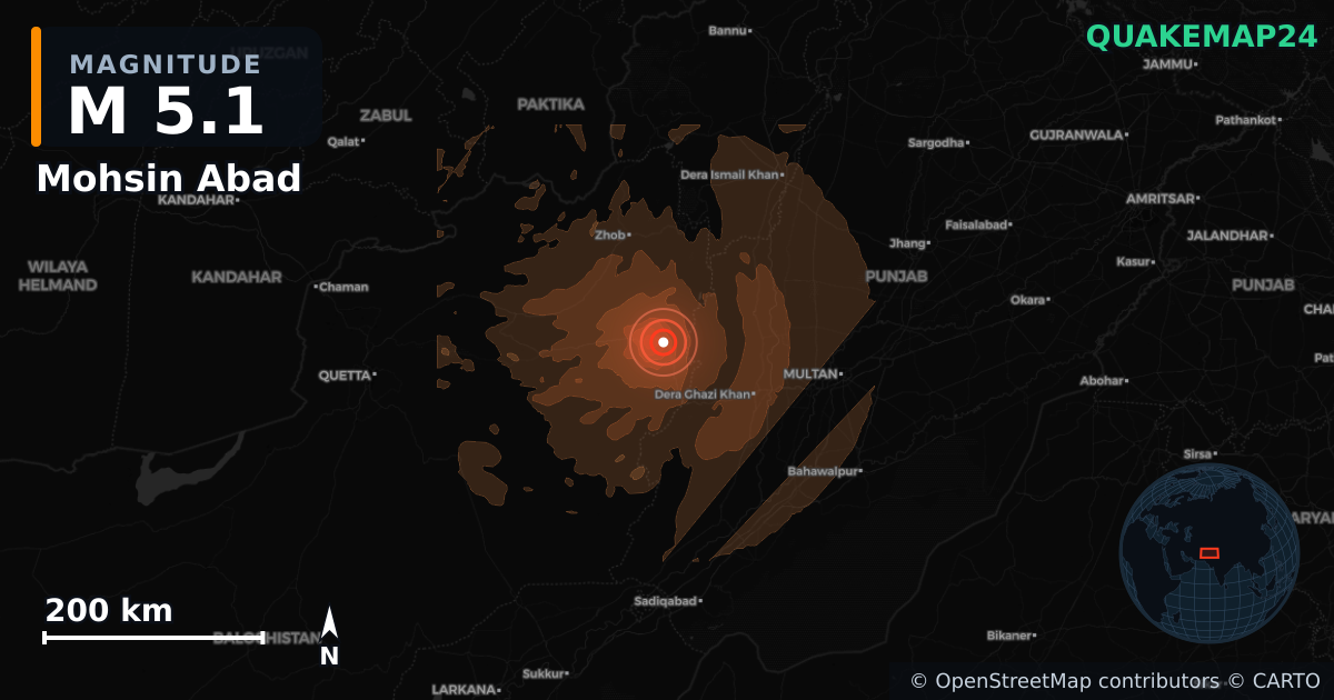 M5.1 earthquake near Mohsin Abad on Jun 27, 2026 — map of epicenter and shaking intensity | QuakeMap24