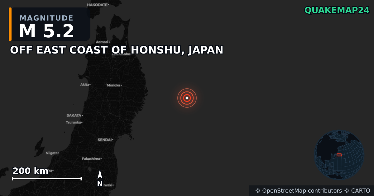 M5.2 earthquake near OFF EAST COAST OF HONSHU, JAPAN on Nov 9, 2025 — map of epicenter and shaking intensity | QuakeMap24