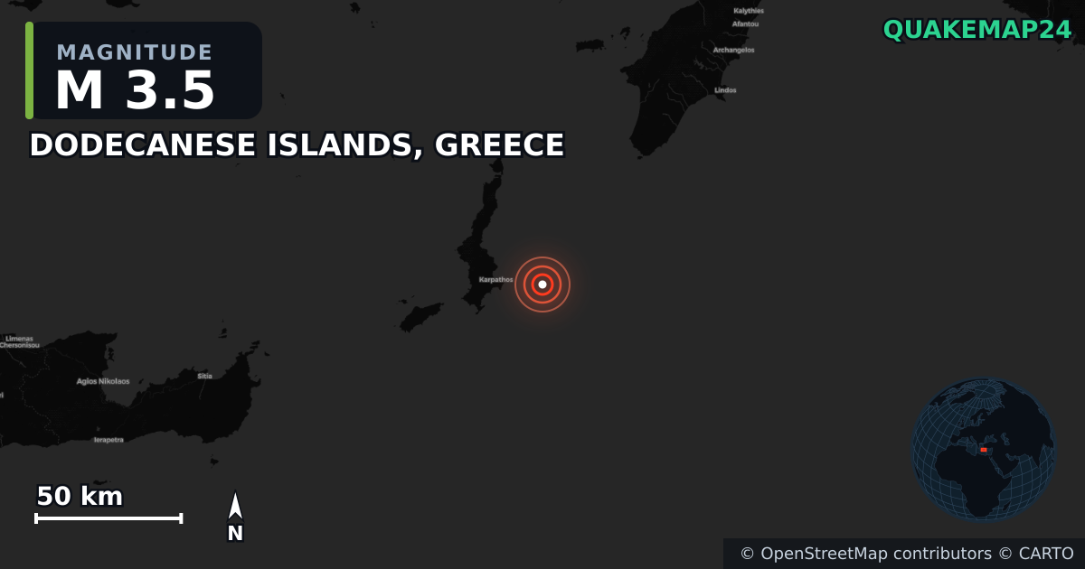 M3.5 earthquake near DODECANESE ISLANDS, GREECE on Jul 5, 2026 — map of epicenter and shaking intensity | QuakeMap24