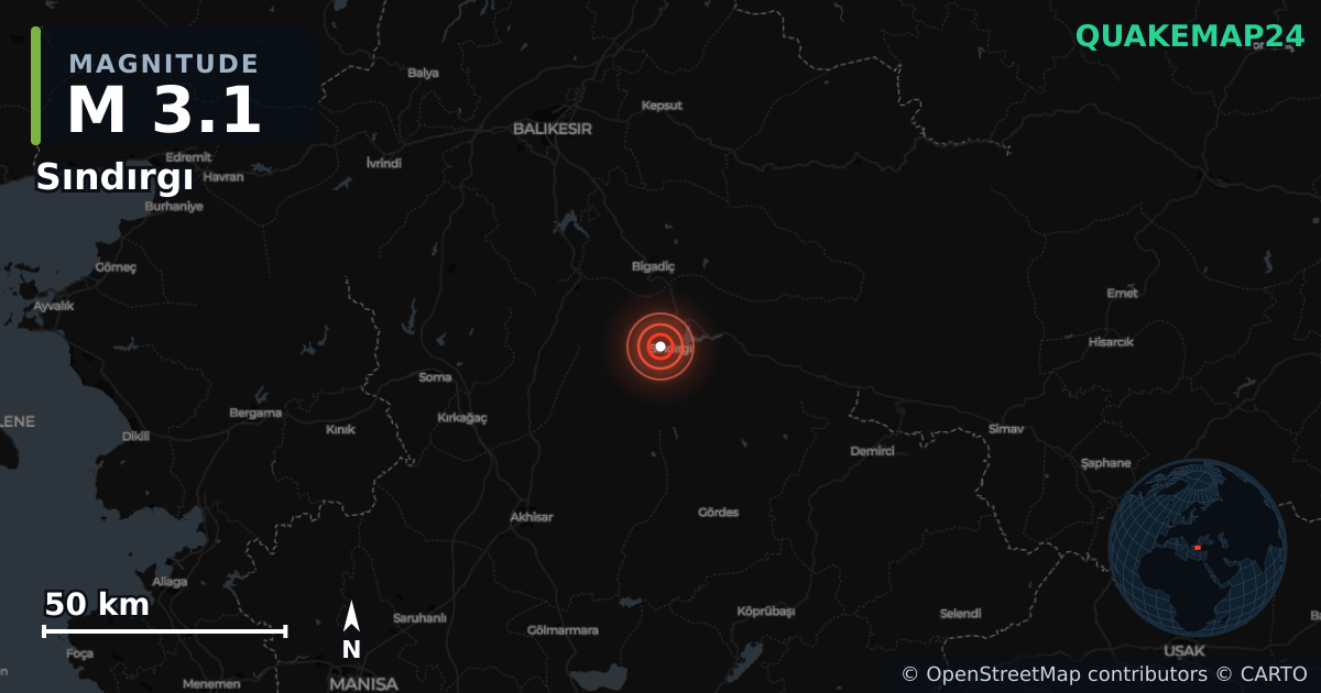 Terremoto de M3,1 cerca de Sındırgı (Turquía) · 2025-12-18 — Mapa de la ubicación del epicentro