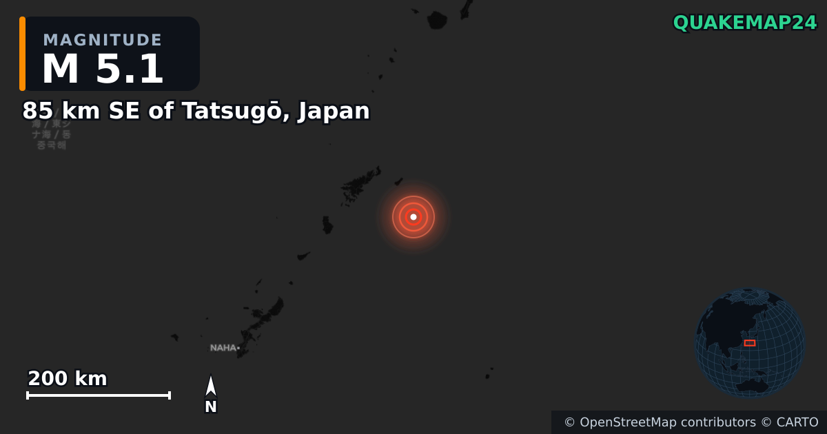 Erdbeben M5,1 bei 85 km SE of Tatsugō, Japan — Karte der Lage des Epizentrums