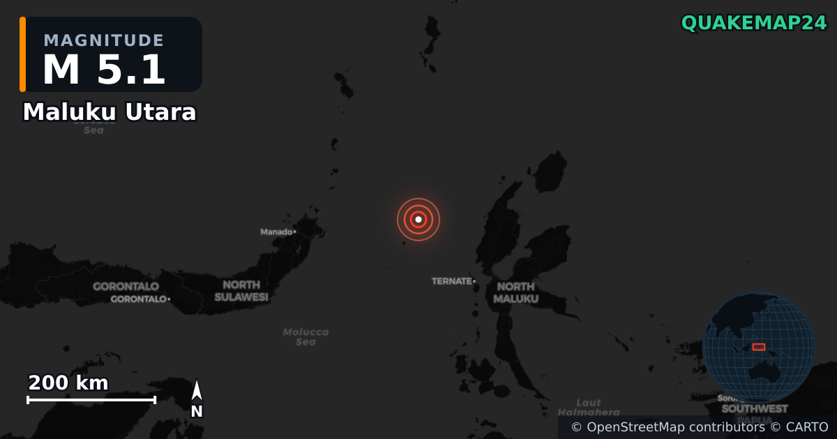 M5.1 earthquake near Maluku Utara on Dec 9, 2025 — map of epicenter and shaking intensity | QuakeMap24