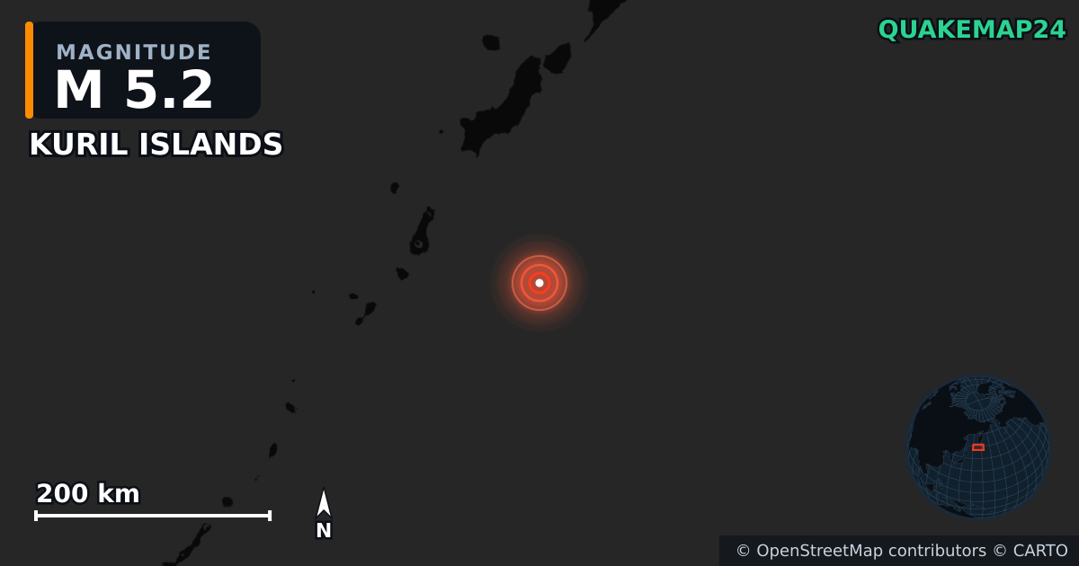 M5.2 earthquake near KURIL ISLANDS on Jul 30, 2025 — map of epicenter and shaking intensity | QuakeMap24
