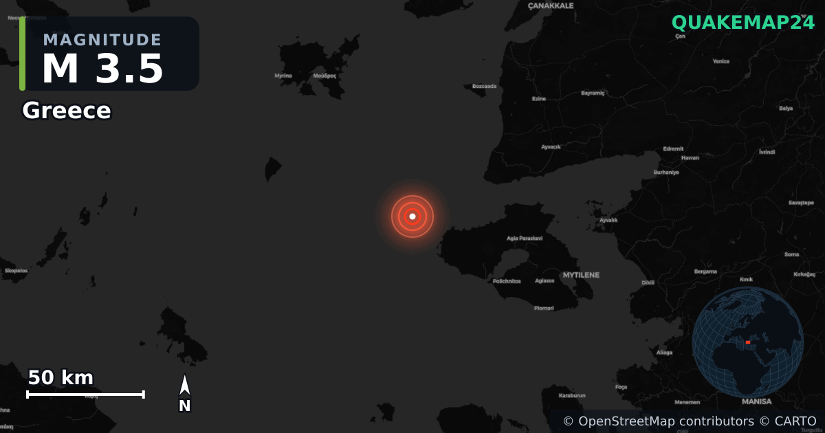 M3.5 earthquake near Greece on Jul 15, 2026 — map of epicenter and shaking intensity | QuakeMap24