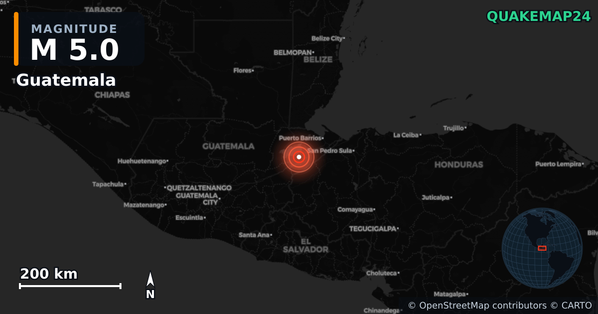 M5.0 earthquake near Guatemala on Mar 18, 2026 — map of epicenter and shaking intensity | QuakeMap24