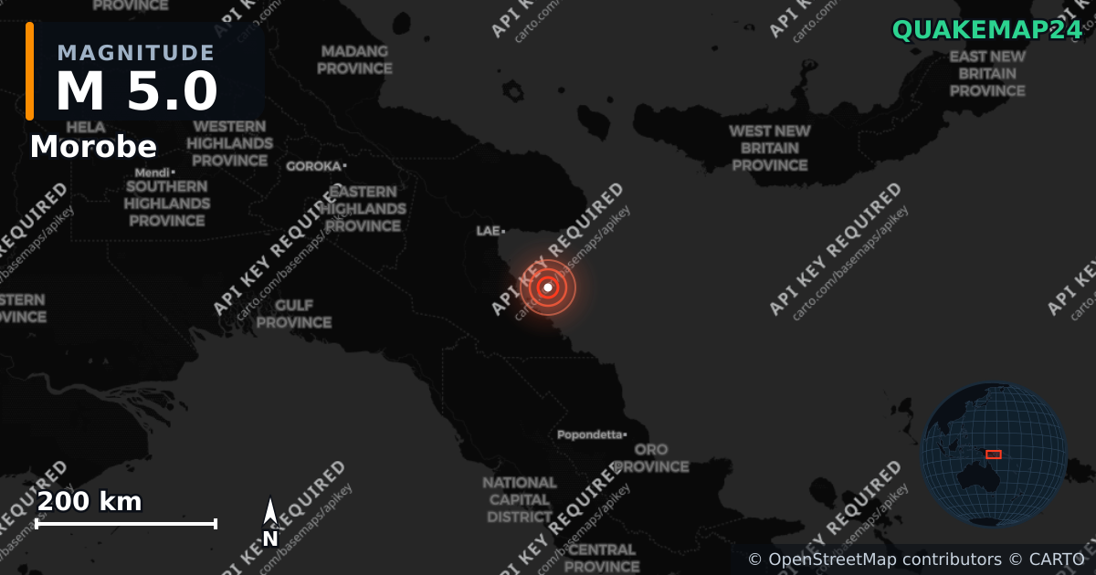 M5.0 earthquake near Morobe on May 30, 2026 — map of epicenter and shaking intensity | QuakeMap24