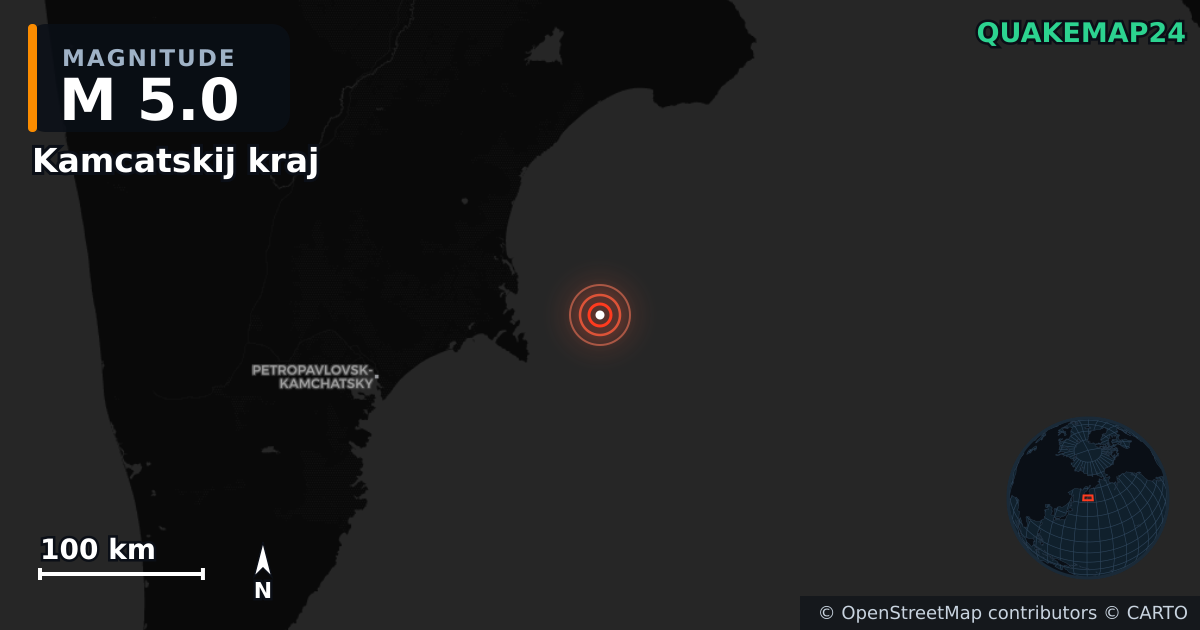 M5.0 earthquake near Kamcatskij kraj on Sep 19, 2025 — map of epicenter and shaking intensity | QuakeMap24