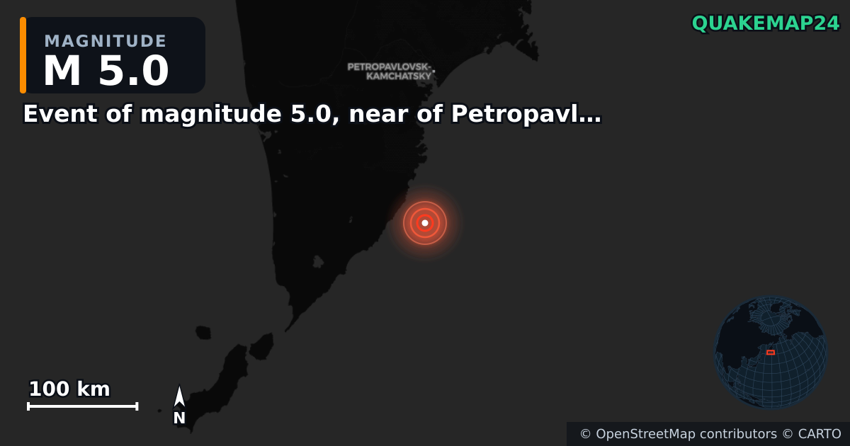 M5.0 earthquake near Event of magnitude 5.0, near of Petropavlovsk Kamchatskiy (Monde) on Sep 14, 2025 — map of epicenter and shaking intensity | QuakeMap24