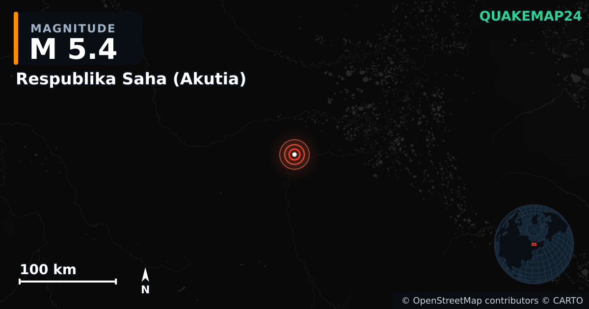 M5.4 earthquake near Respublika Saha (Akutia) on Nov 4, 2025 — map of epicenter and shaking intensity | QuakeMap24