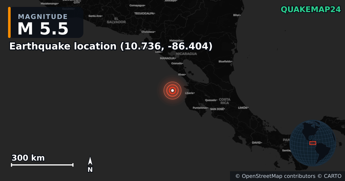 M5.5 earthquake near Lieu du séisme (10.736, -86.404) on Mar 26, 2026 — map of epicenter and shaking intensity | QuakeMap24
