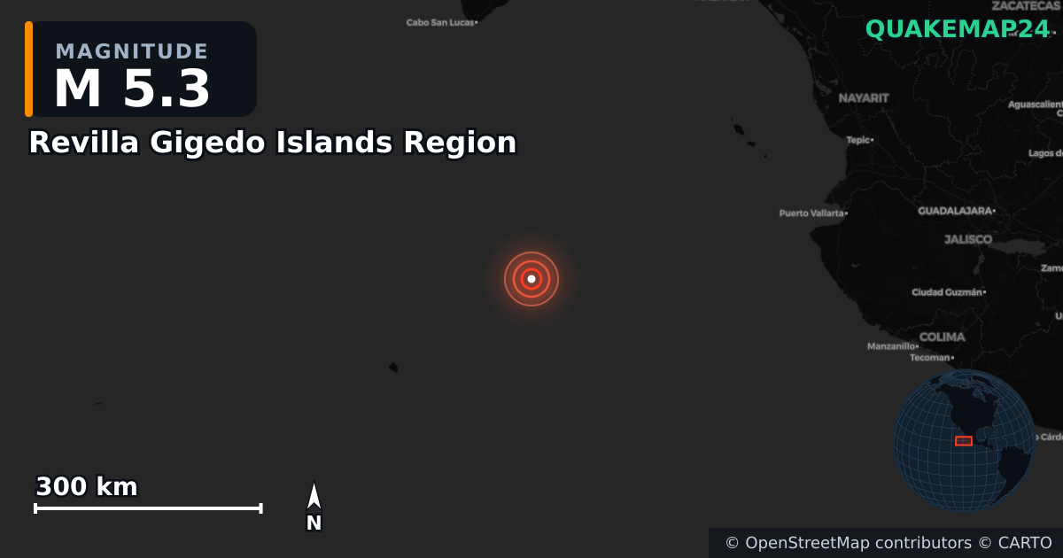 Erdbeben M5,3 bei Revilla Gigedo Islands Region — Karte der Lage des Epizentrums