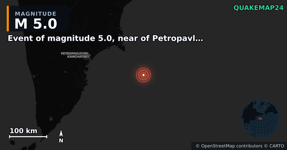 M5.0 earthquake near Event of magnitude 5.0, near of Petropavlovsk Kamchatskiy (Monde) on Sep 19, 2025 — map of epicenter and shaking intensity | QuakeMap24