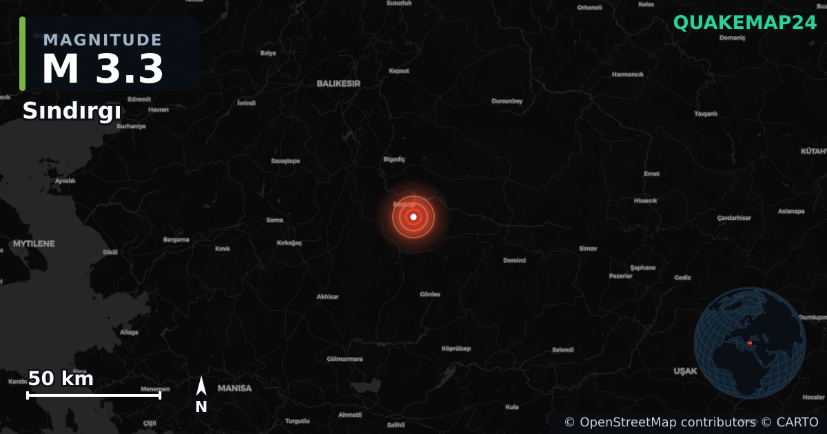 M3.3 earthquake near Sındırgı on Sep 1, 2025 — map of epicenter and shaking intensity | QuakeMap24
