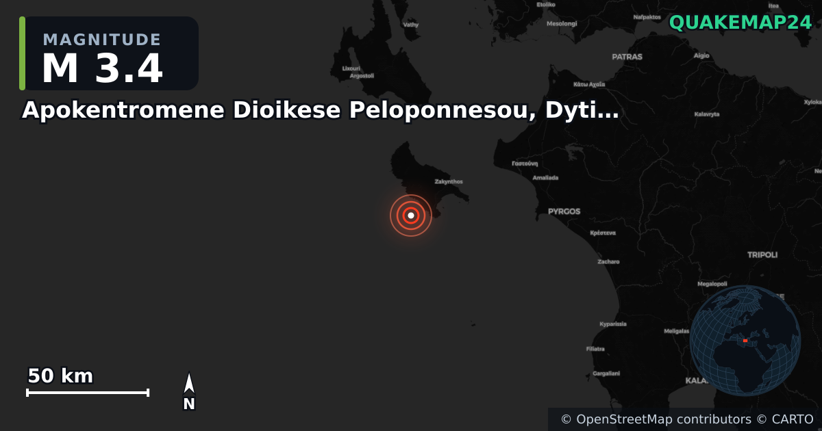 M3.4 earthquake near Apokentromene Dioikese Peloponnesou, Dytikes Elladas kai Ioniou on Sep 22, 2025 — map of epicenter and shaking intensity | QuakeMap24