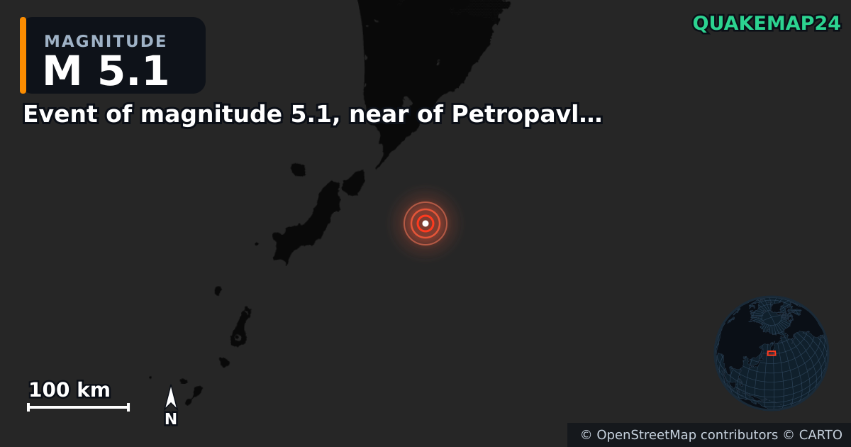 M5.1 earthquake near Event of magnitude 5.1, near of Petropavlovsk Kamchatskiy (Monde) on Oct 28, 2025 — map of epicenter and shaking intensity | QuakeMap24