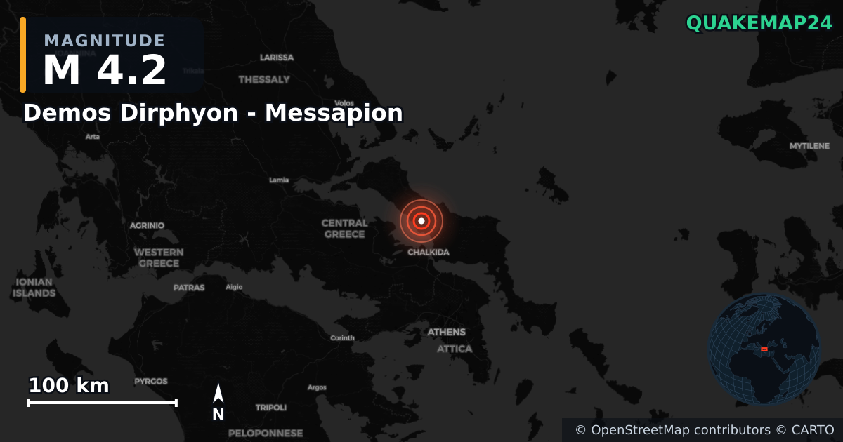 M4.2 earthquake near Demos Dirphyon - Messapion on Jun 12, 2026 — map of epicenter and shaking intensity | QuakeMap24