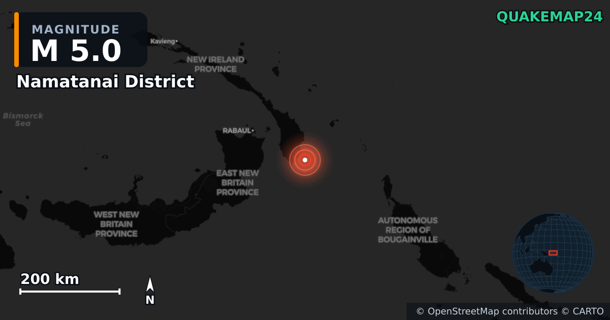 M5.0 earthquake near Namatanai District on May 25, 2026 — map of epicenter and shaking intensity | QuakeMap24