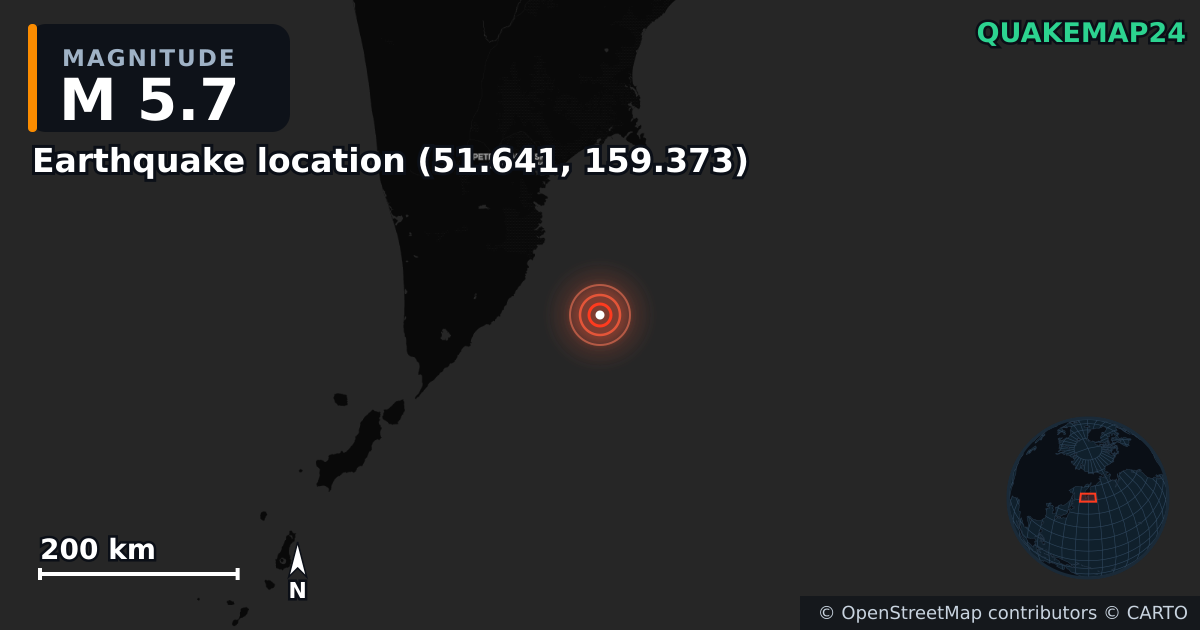 M5.7 earthquake near Deprem konumu (51.641, 159.373) on Sep 10, 2025 — map of epicenter and shaking intensity | QuakeMap24