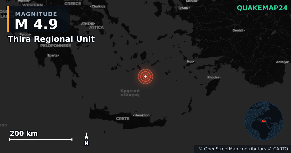 M4.9 earthquake near Thira Regional Unit on Feb 18, 2025 — map of epicenter and shaking intensity | QuakeMap24