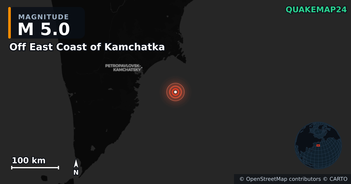 Off East Coast of Kamchatka yakınında M5,0 deprem — Deprem merkez üssünün konumunu gösteren harita