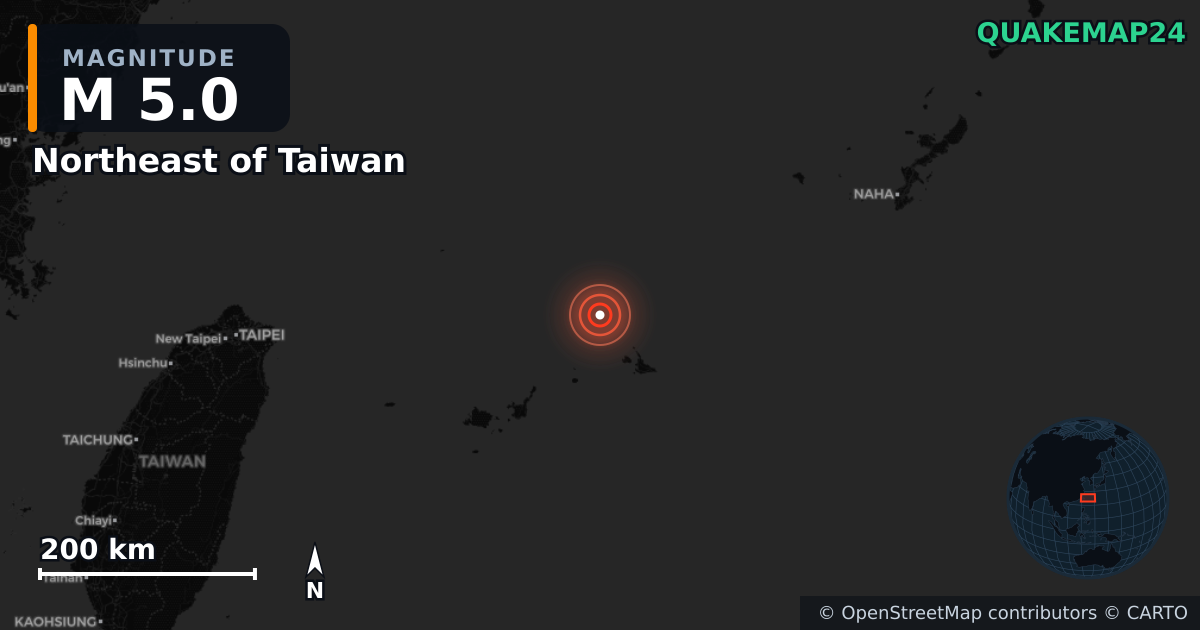 M5.0 earthquake near Northeast of Taiwan on Mar 2, 2026 — map of epicenter and shaking intensity | QuakeMap24