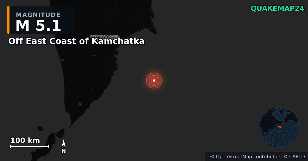 M5.1 earthquake near Off East Coast of Kamchatka on Aug 4, 2025 — map of epicenter and shaking intensity | QuakeMap24