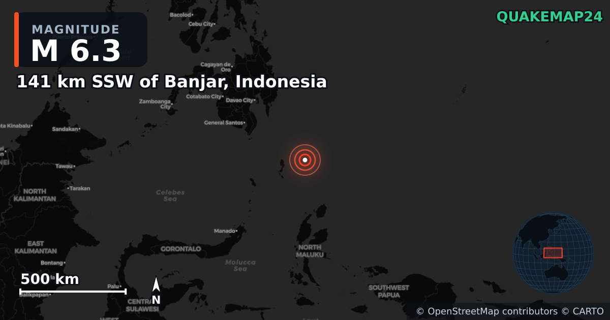 M6.3 earthquake near 141 km SSW of Banjar, Indonesia on Apr 22, 2025 — map of epicenter and shaking intensity | QuakeMap24