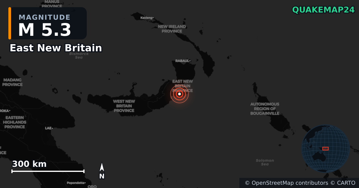 M5.3 earthquake near East New Britain on Dec 21, 2025 — map of epicenter and shaking intensity | QuakeMap24