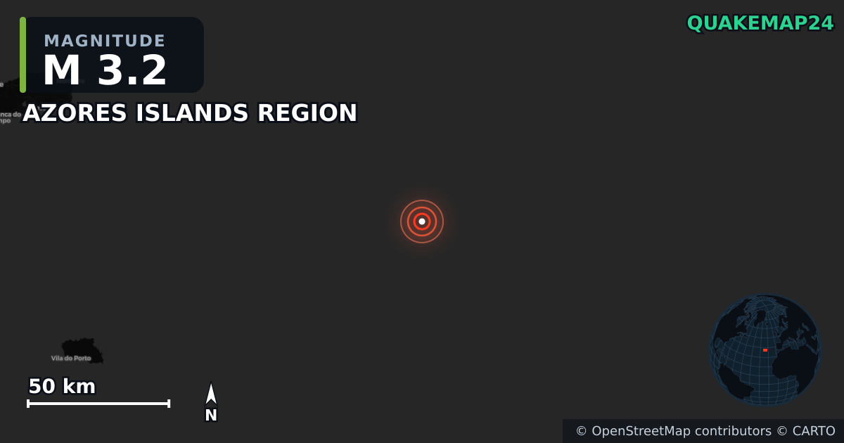 AZORES ISLANDS REGION yakınında M3,2 deprem · 2025-08-02 — Deprem merkez üssünün konumunu gösteren harita