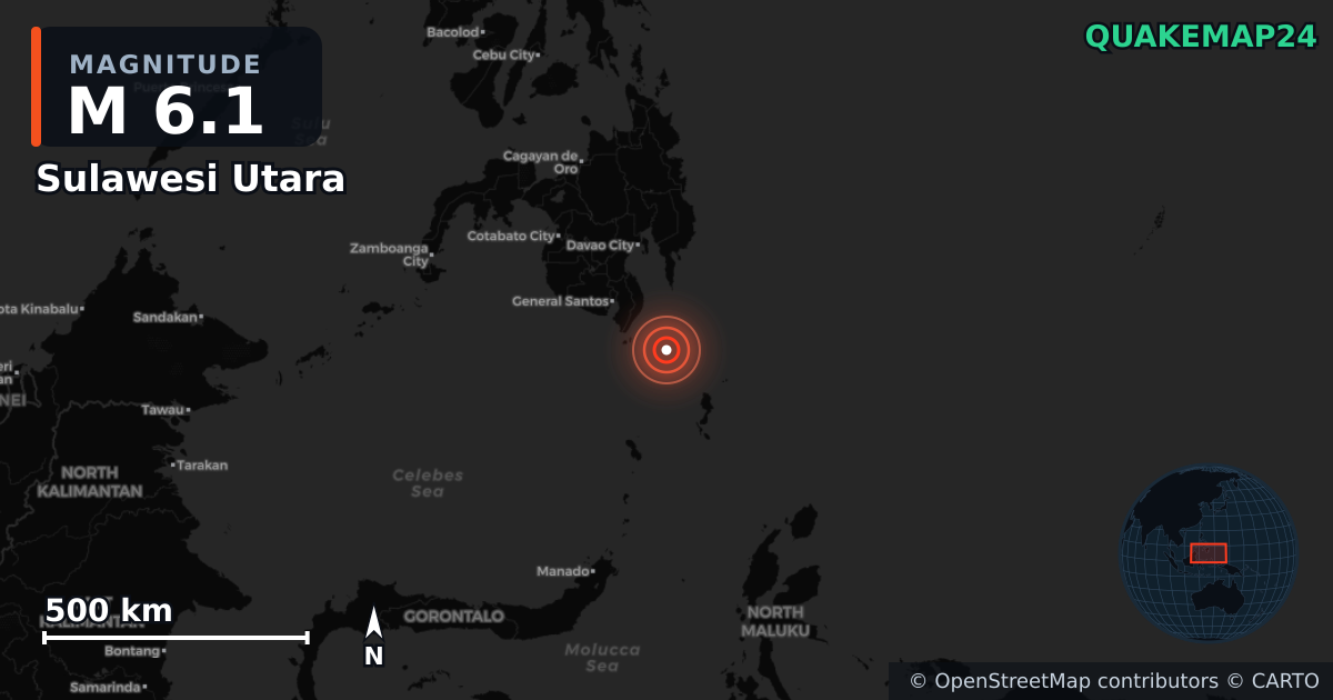 M6.1 earthquake near Sulawesi Utara on Jun 27, 2025 — map of epicenter and shaking intensity | QuakeMap24