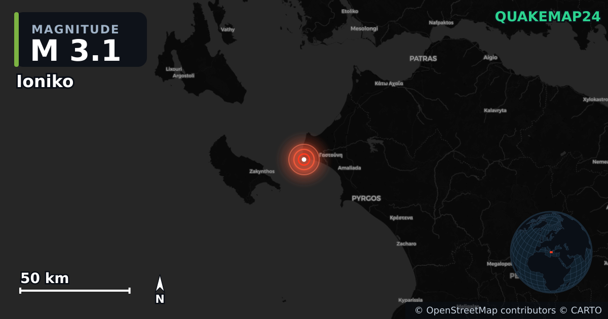 M3.1 earthquake near Ioniko on Jan 6, 2026 — map of epicenter and shaking intensity | QuakeMap24