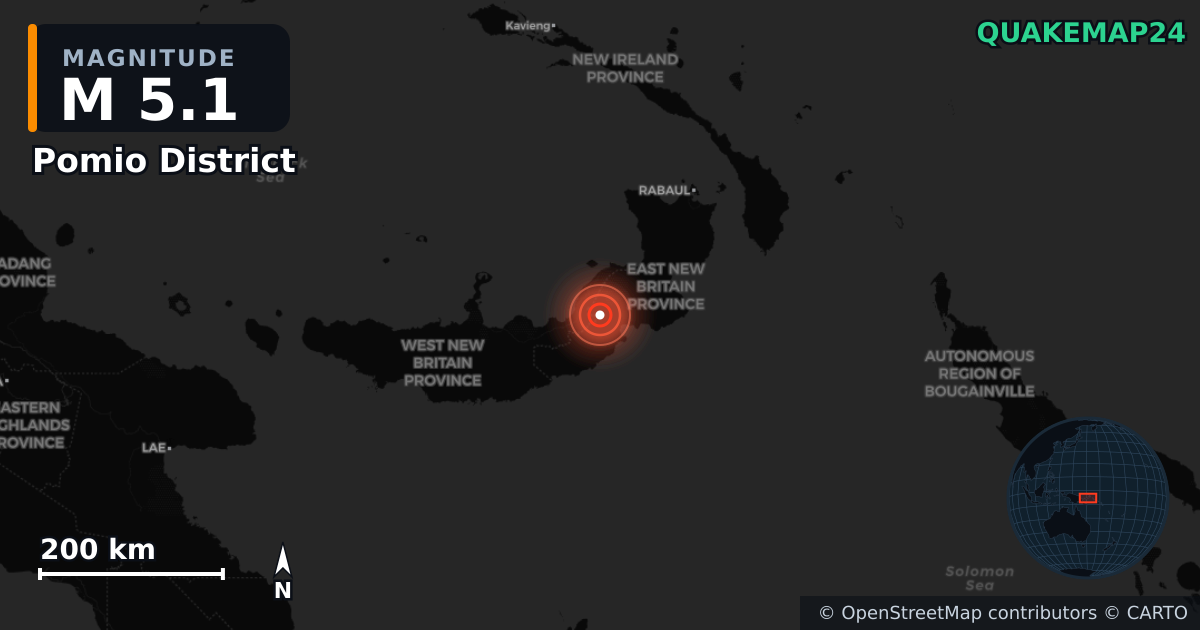 M5.1 earthquake near Pomio District on Jul 8, 2026 — map of epicenter and shaking intensity | QuakeMap24