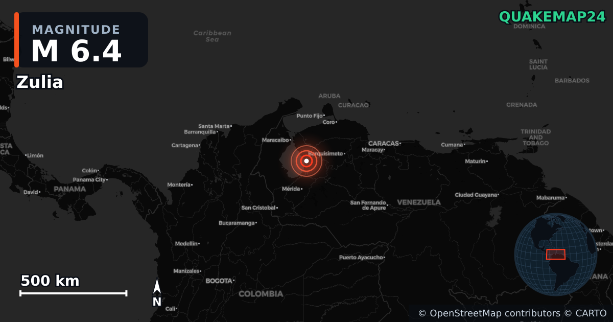 M6.4 earthquake near Zulia on Sep 24, 2025 — map of epicenter and shaking intensity | QuakeMap24