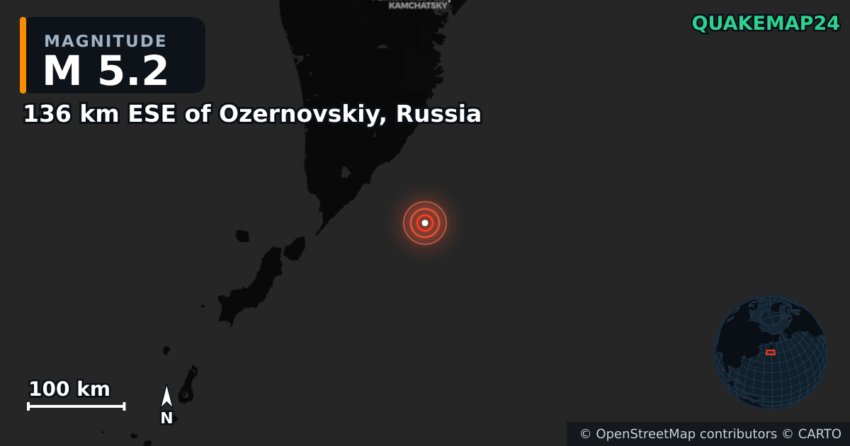 M5.2 earthquake near 136 km ESE of Ozernovskiy, Russia on Jul 30, 2025 — map of epicenter and shaking intensity | QuakeMap24