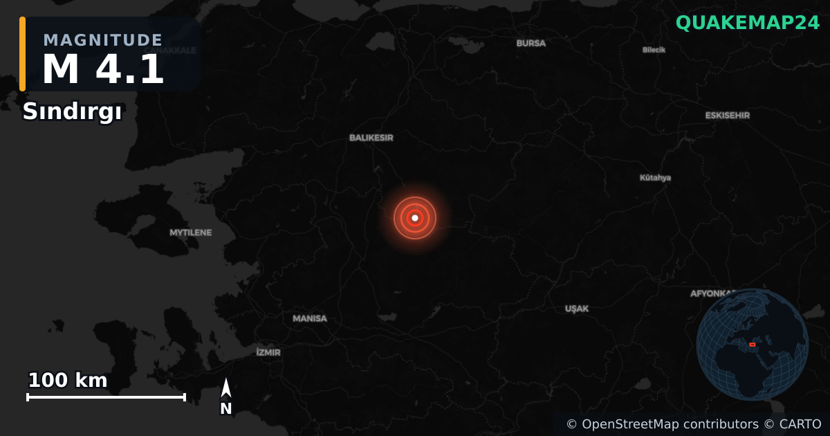 M4.1 earthquake near Sındırgı on Sep 5, 2025 — map of epicenter and shaking intensity | QuakeMap24