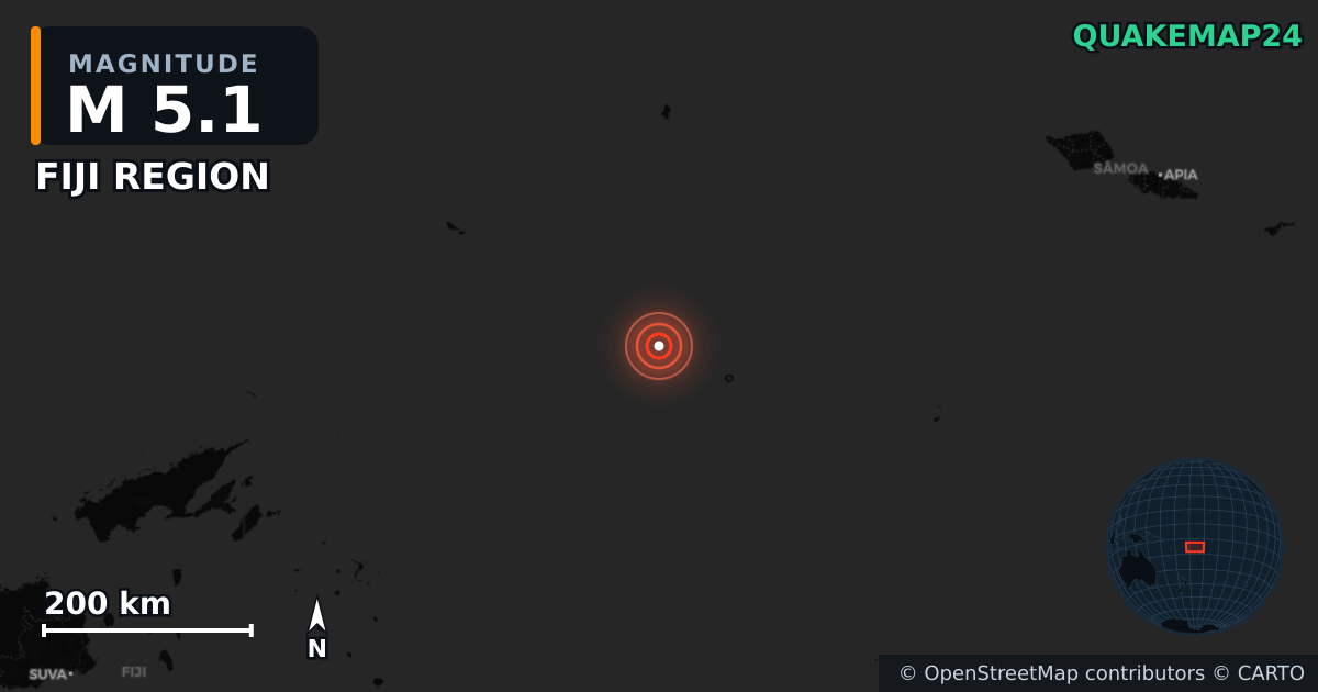 M5.1 earthquake near FIJI REGION on Jun 13, 2025 — map of epicenter and shaking intensity | QuakeMap24