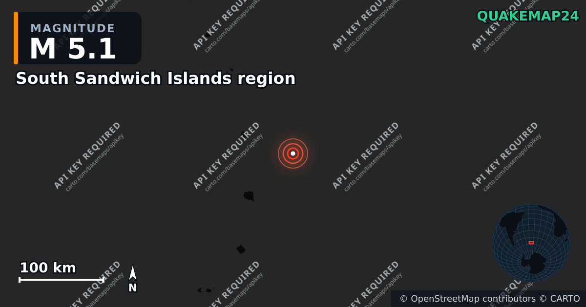M5.1 earthquake near South Sandwich Islands region on Jun 20, 2026 — map of epicenter and shaking intensity | QuakeMap24