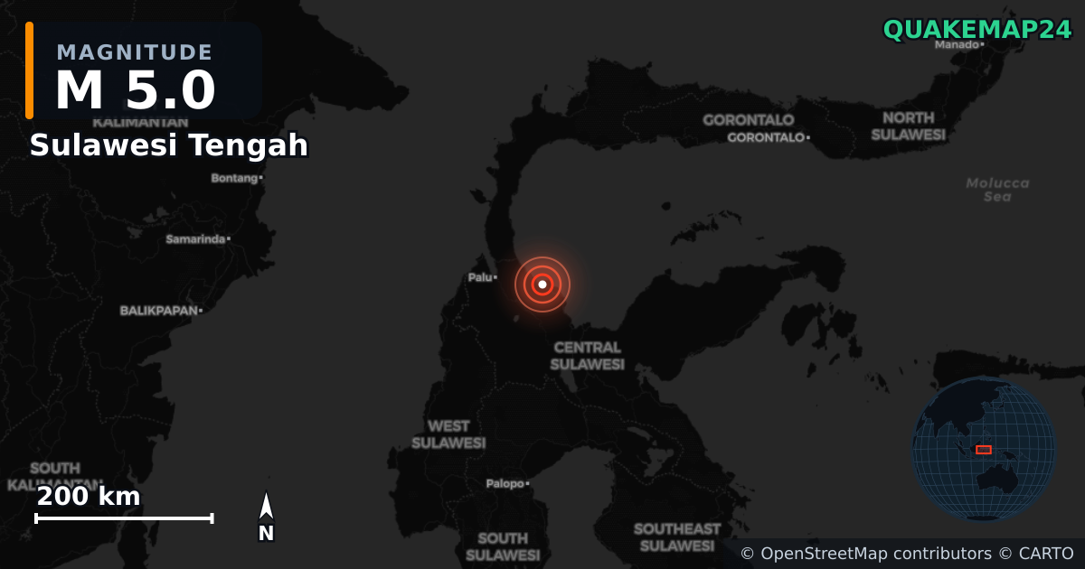 M5.0 earthquake near Sulawesi Tengah on Sep 2, 2025 — map of epicenter and shaking intensity | QuakeMap24