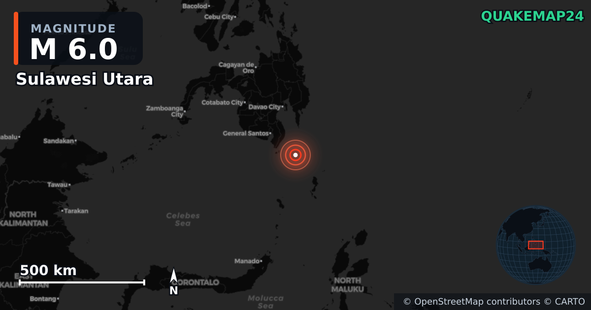 M6.0 earthquake near Sulawesi Utara on Jun 27, 2025 — map of epicenter and shaking intensity | QuakeMap24