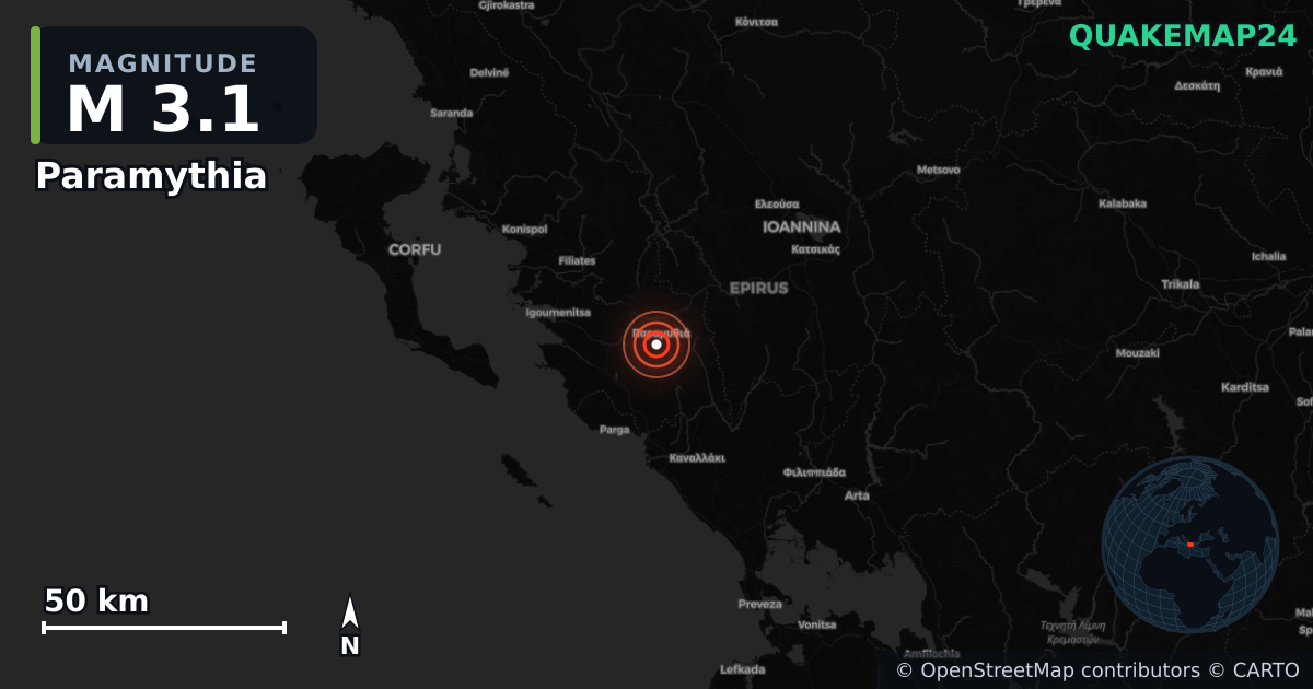 Erdbeben M3,1 bei Paramythia, Epirus (Griechenland) · 2026-09-22 — Karte der Lage des Epizentrums