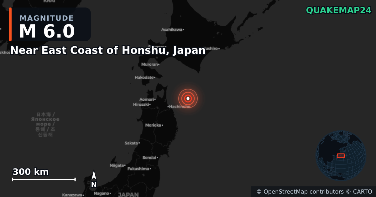 M6.0 earthquake near Near East Coast of Honshu, Japan on Dec 10, 2025 — map of epicenter and shaking intensity | QuakeMap24