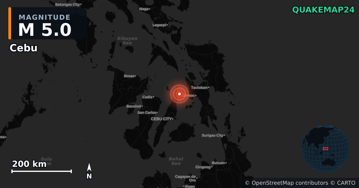 M5.0 earthquake near Cebu on Sep 30, 2025 — map of epicenter and shaking intensity | QuakeMap24