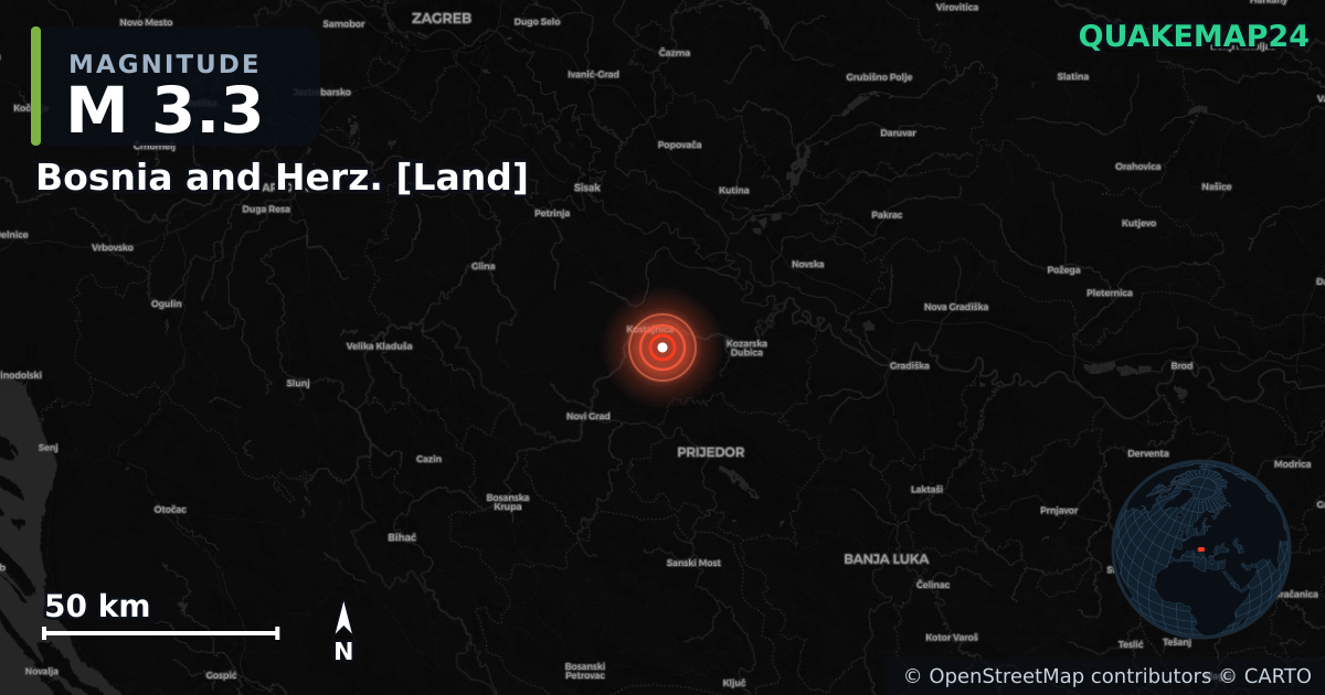 M3.3 earthquake near Gornja Slabinja on Jul 30, 2026 — map of epicenter and shaking intensity | QuakeMap24