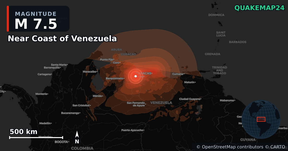 M7.5 earthquake near Near Coast of Venezuela on Jun 24, 2026 — map of epicenter and shaking intensity | QuakeMap24