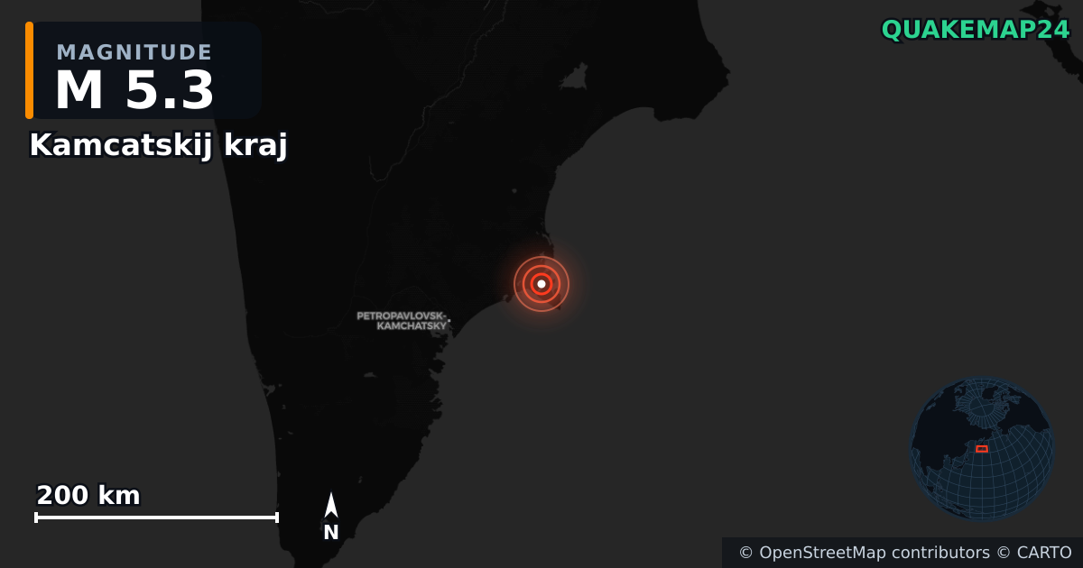 M5.3 earthquake near Kamcatskij kraj on Sep 15, 2025 — map of epicenter and shaking intensity | QuakeMap24