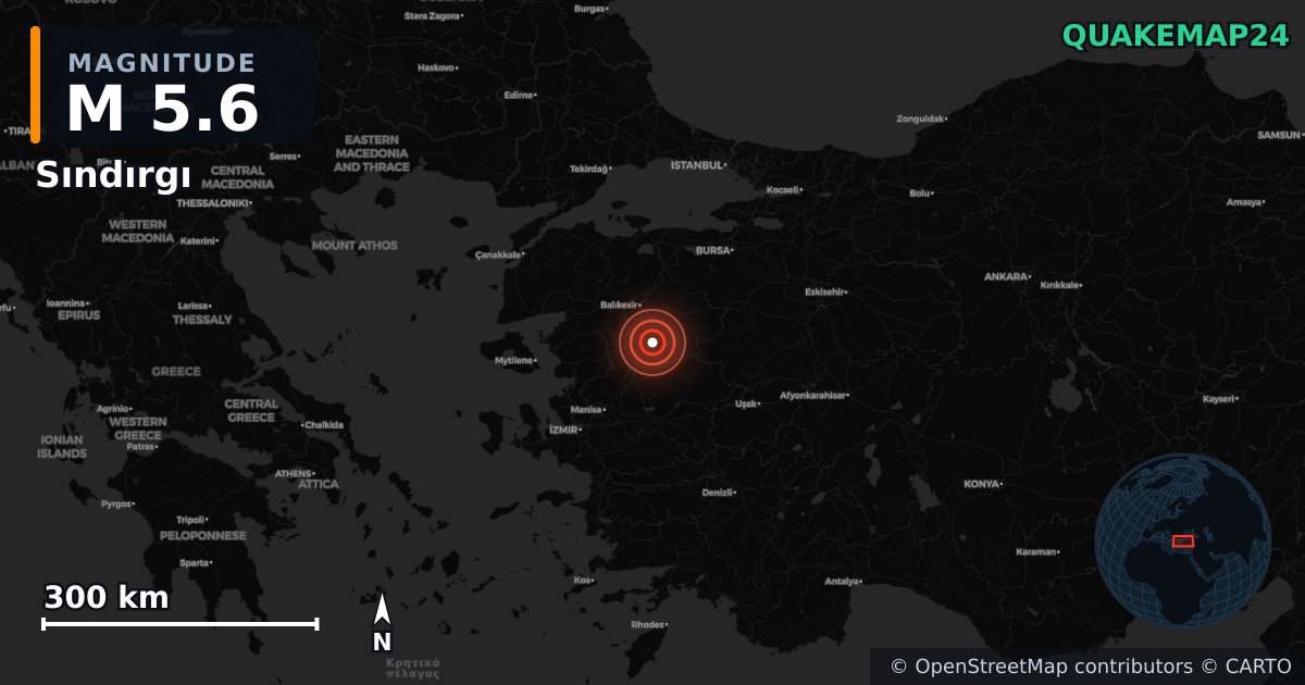 M5.6 earthquake near Sındırgı on Aug 10, 2025 — map of epicenter and shaking intensity | QuakeMap24