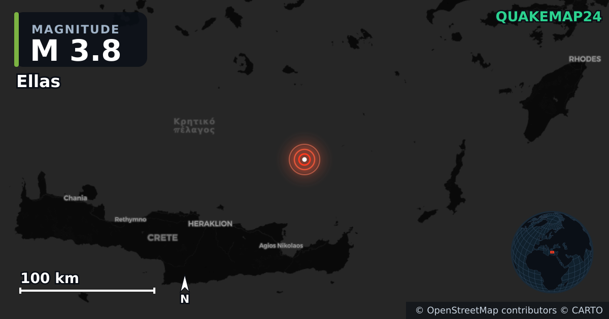 M3.8 earthquake near Ellas on Sep 5, 2025 — map of epicenter and shaking intensity | QuakeMap24