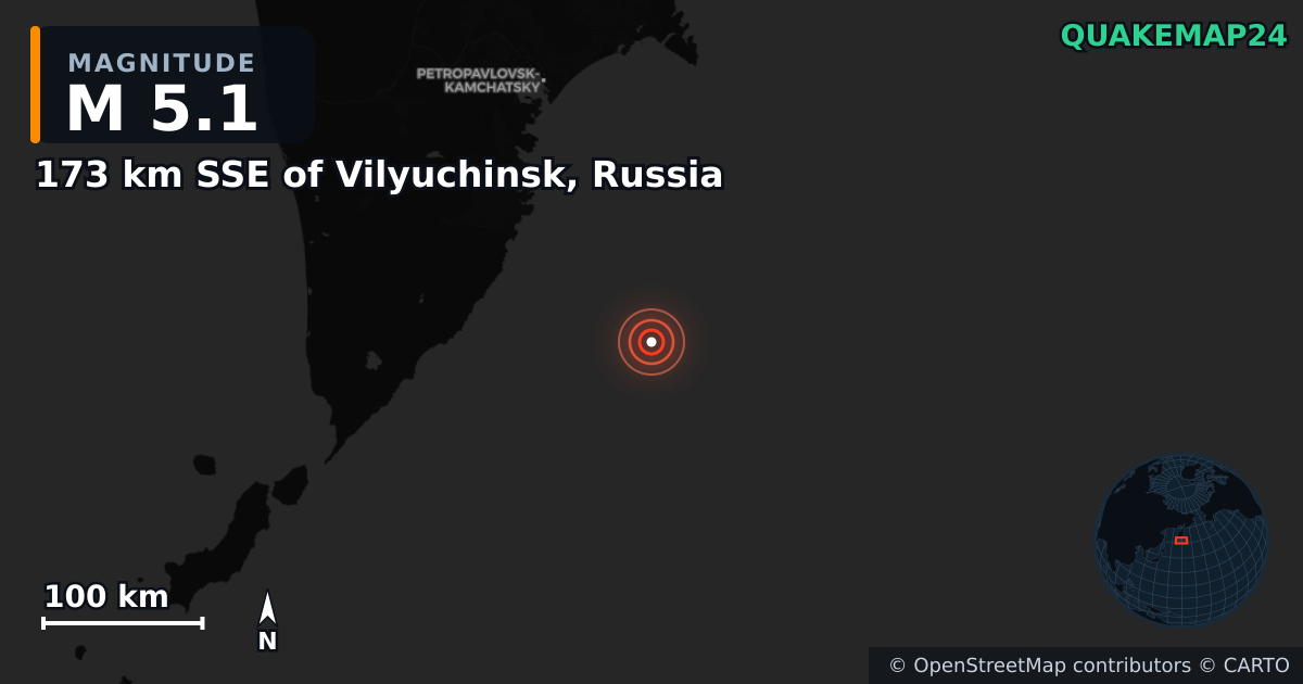 M5.1 earthquake near 173 km SSE of Vilyuchinsk, Russia on Jul 31, 2025 — map of epicenter and shaking intensity | QuakeMap24