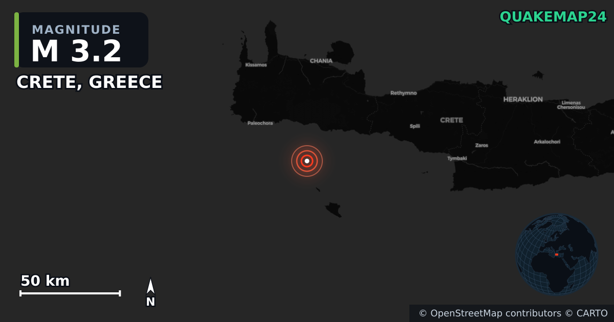 M3.2 earthquake near CRETE, GREECE on Nov 28, 2025 — map of epicenter and shaking intensity | QuakeMap24